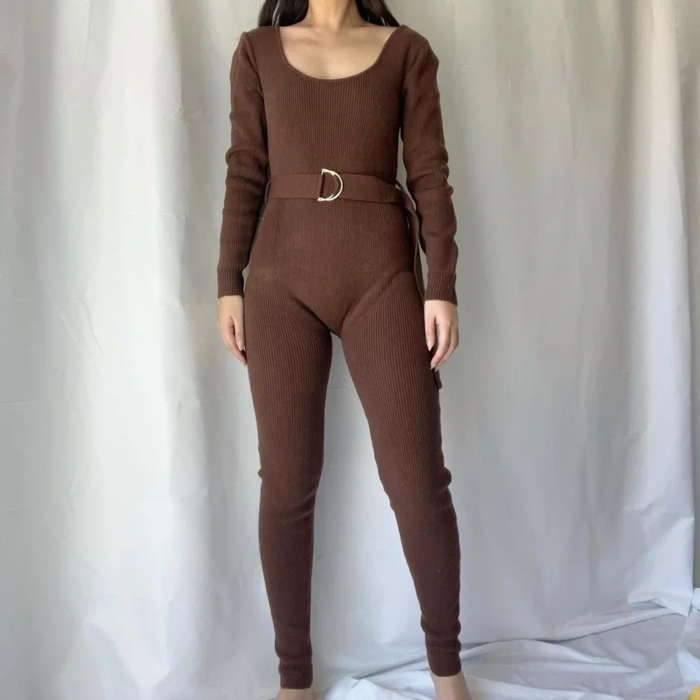 Fashionnova brown thick sweater knit jumpsuit - Picture 1 of 4